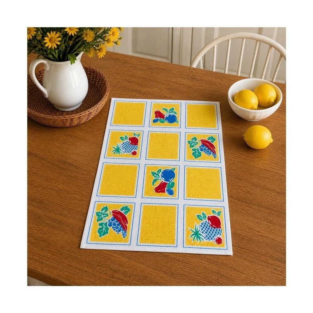 Fruit Print Linen Set of 6 Yellow Blue Red Retro MCM‎ Table Decor Vintage 15x11